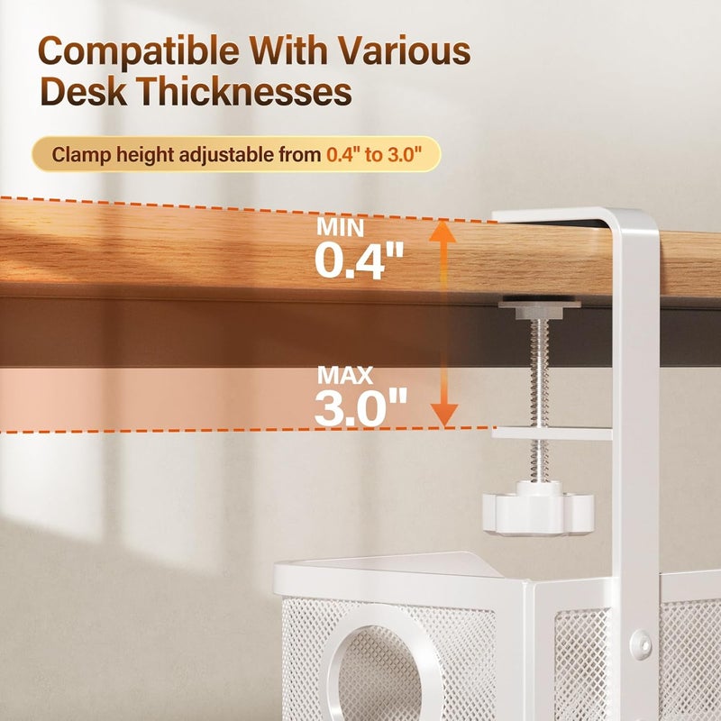Cinati Under Desk Cable Management Large, 16" Cable Management Box for Table Thickness up to 3", Wire Cord Organizer with Clamp No Drill, No Damage to Desk (White) - Image 3